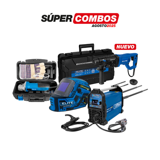 COMBO SOLDADOR INVERSOR ELITE ARC 160XP + CARETA ELECTRONICA SOLDADURA ELITE + KIT ESMERILADORA ANGULAR 4 1/2 800W + ROTOMARTILLO SDS
