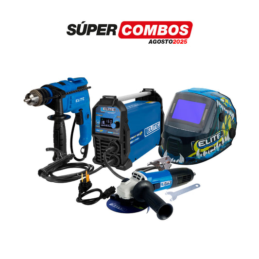 COMBO SOLDADOR INVERSOR ELITE ARC 160XP + CARETA ELECTRONICA SOLDADURA ELITE + ESMERILADORA ANGULAR + TALADRO PERCUTOR