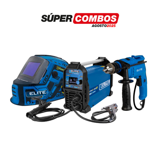 COMBO SOLDADOR INVERSOR ELITE ARC 160XP + CARETA ELECTRONICA SOLDADURA ELITE  + TALADRO PERCUTOR 1/2PUL, 750W, 3.000RPM