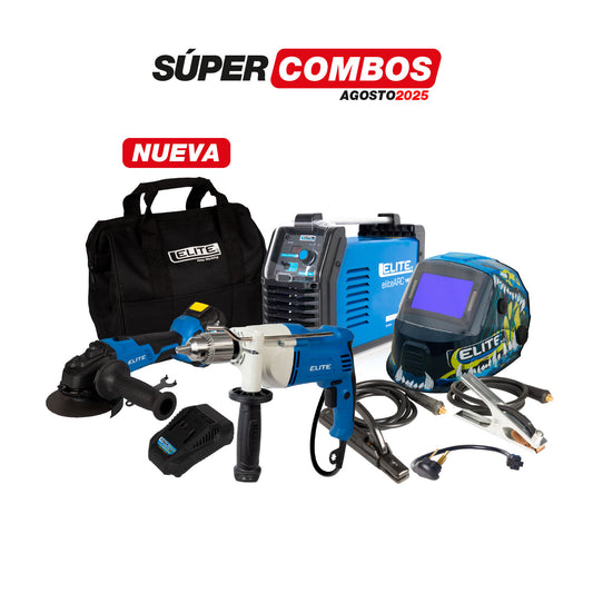COMBO SOLDADOR ARC180S 110/220 V ELITE + CARETA ELECTRONICA SOLDADURA ELITE VARIOMATIC 820 + PULIDORA INALAMBRICA BRUSHLESS + TALADRO DE ROTACION 1/2PUL