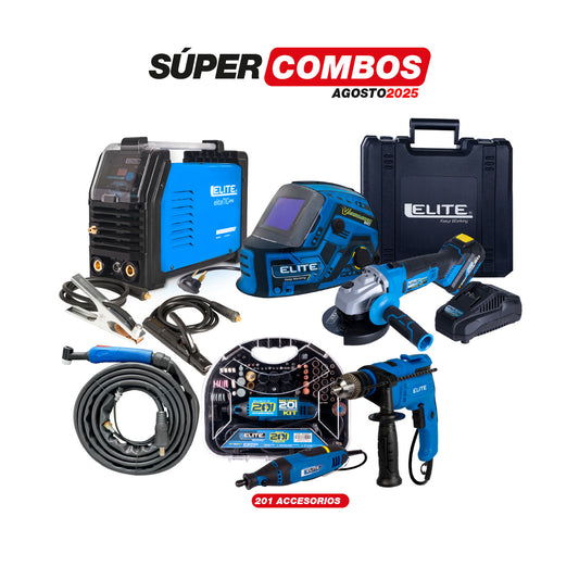 COMBO SOLDADOR INVERSOR TIG  + CARETA ELECTRONICA SOLDADURA  + PULIDORA INALAMBRICA 4 1/2 20V  + TALADRO PERCUTOR 1/2PUL + MOTO TOOL 180WW MA