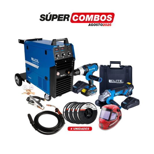 COMBO SOLDADOR INVERSOR ELITE MIG 300 + ANTORCHA  + CARETA ELECTRONICA SOLDADURA + ROLLO SOLDADURA MIG ALAMBRE + PULIDORA INALAMBRICA  + TALADRO PERCUTOR INALAMBRICO
