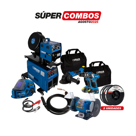 COMBO SOLDADOR INVERSOR MULTIPROCESOS + ANTORCHA  + CARETA ELECTRONICA SOLDADURA + ROLLO SOLDADURA MIG + PULIDORA INALAMBRICA + KIT TALADRO PERCUTOR INALAMBRICO + ESMERIL DE BANCO