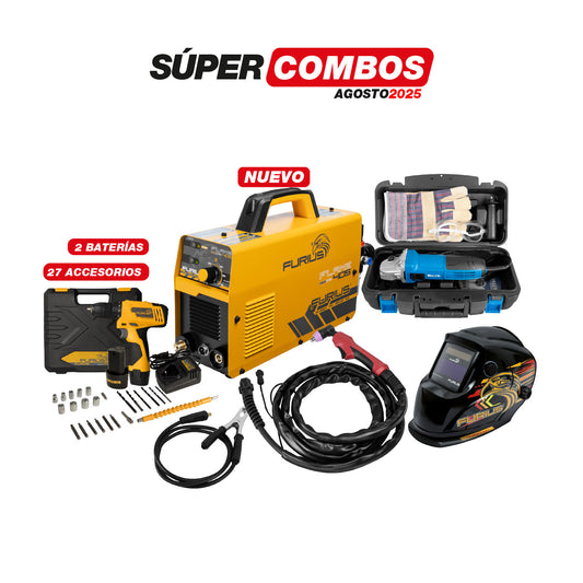 COMBO CORTADOR DE PLASMA INVERSOR FURIUS + CARETA ELECTRONICA FURIUS FENIX + TALADRO ATORNILLADOR INALAMBRICO + KIT ESMERILADORA ANGULAR