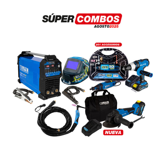 COMBO SOLDADOR INVERSOR TIG/MMA + CARETA ELECTRONICA SOLDADURA ELITE  + PULIDORA INALAMBRICA + TALADRO PERCUTOR INALAMBRICO + MOTO TOOL 180W MANGO ENCUCHETADO