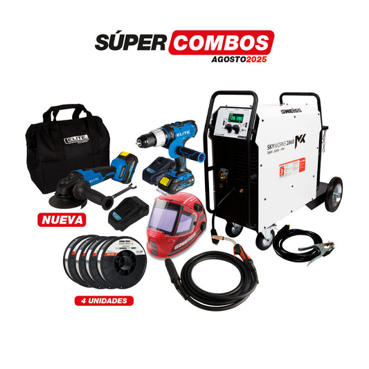 COMBO SOLDADOR INVERSOR MULTIPROCESOS + ANTORCHA MIG - EURO  + CARETA ELECTRONICA SOLDADURA + PULIDORA INALAMBRICA  + TALADRO PERCUTOR INALAMBRICO + ROLLO SOLDADURA MIG