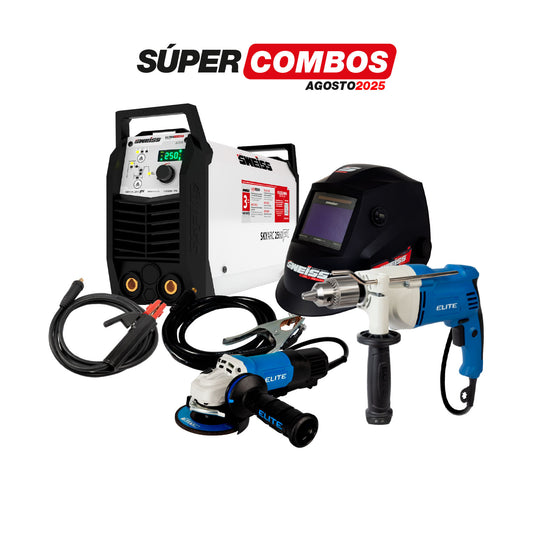 COMBO SOLDADOR INVERSOR SWEISS + TALADRO DE ROTACION 1/2PUL + ESMERILADORA ANGULAR 4-1/2PUL + CARETA ELECTRONICA PARA SOLDAR SKYVIEW