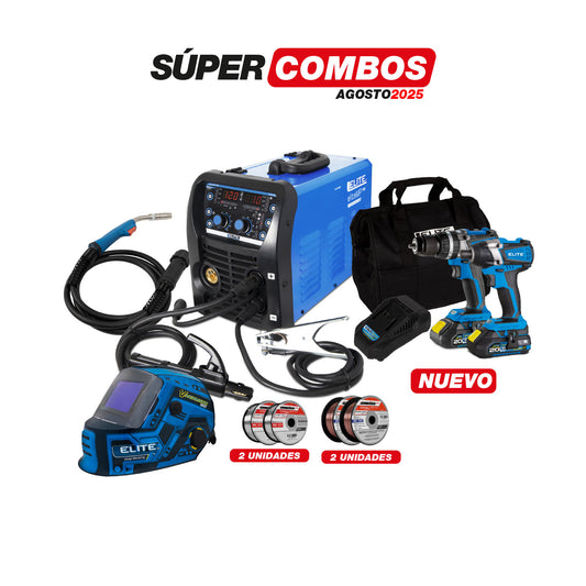 COMBO SOLDADOR INVERSOR + CARETA ELECTRONICA SOLDADURA + ROLLO SOLDADURA MIG + ROLLO SOLDADURA MIG + KIT TALADRO PERCUTOR INALAMBRICO