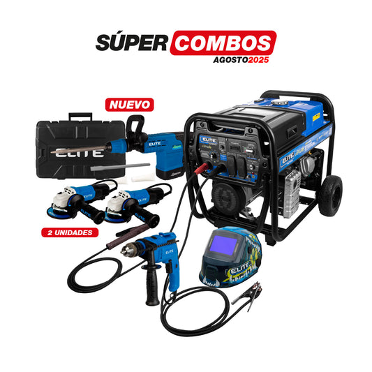 COMBO MOTOSOLDADOR GASOLINA 4T + CARETA ELECTRONICA SOLDADURA  + ESMERILADORA ANGULAR 4-1/2PUL + TALADRO PERCUTOR 1/2PUL, 750W + MARTILLO DEMOLEDOR SDS