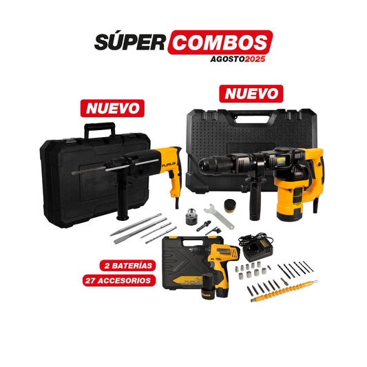 COMBO ROTOMARTILLO SDS PLUS 720W + MARTILLO DEMOLEDOR SDS MAX 1300W  + TALADRO ATORNILLADOR INALAMBRICO 12V