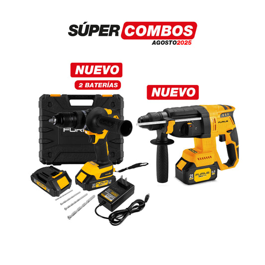 COMBO TALADRO PERCUTOR INALAMBRICO SIN ESCOBILLAS 1/2PUL + ROTOMARTILLO INALMBRICO 0-1000 RPM - 0-4700 IPM - 21V