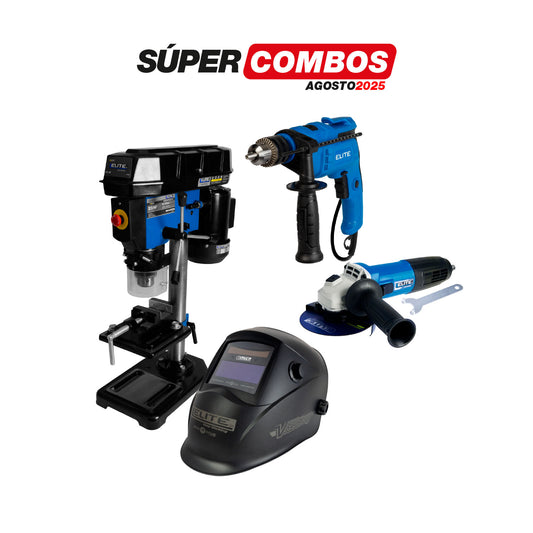 COMBO TALADRO DE BANCO 500W H:580mm + ESMERILADORA ANGULAR 4-1/2INCH + TALADRO PERCUTOR 1/2PUL, 750W + CARETA ELECTRONICA SOLDADURA