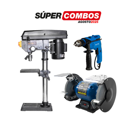 COMBO TALADRO DE ARBOL 375W H900MM + TALADRO PERCUTOR 1/2PUL, 750W + ESMERIL DE BANCO 8INCH 3/4HP 550W