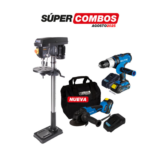 COMBO TALADRO DE ARBOL 550W H1580MM + PULIDORA INALAMBRICA BRUSHLESS + TALADRO PERCUTOR INALAMBRICO 1/2 20V