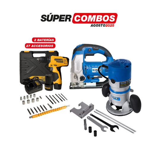 COMBO TALADRO ATORNILLADOR INALAMBRICO + SIERRA CALADORA + RUTEADORA 1500W