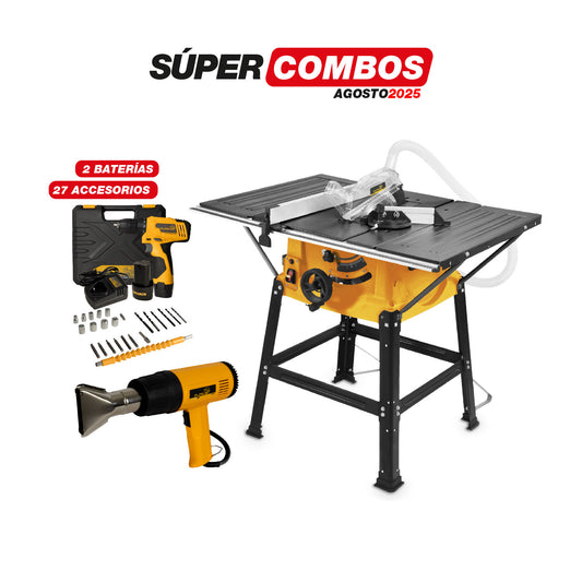 COMBO SIERRA DE MESA 10PUL, 2.000W + PISTOLA DE CALOR FURIUS 1800W + TALADRO ATORNILLADOR INALAMBRICO 12V