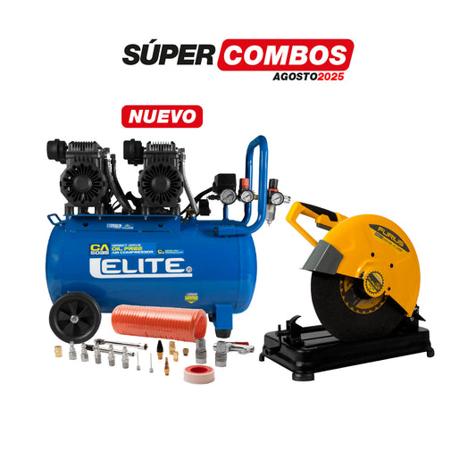 COMBO COMPRESOR DE AIRE EN SERIE LIBRE DE ACEITE 50L + TRONZADORA 2500w 4.000 RPM CON MANGO ENCAUCHETADO + KIT DE ACCESORIOS 20 PCS PARA COMPRESOR