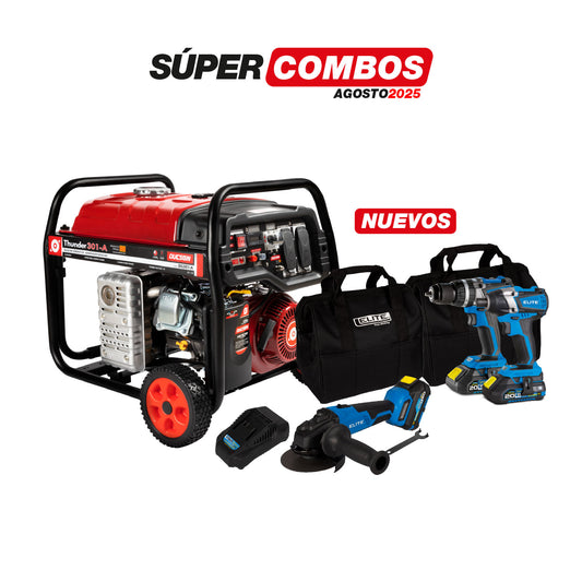 COMBO GENERADOR PORTATIL GASOLINA 3.8KW + KIT TALADRO PERCUTOR INALAMBRICO BRUSHLESS 1/2PUL + PULIDORA INALAMBRICA BRUSHLESS 5PUL ELITE 20V 10.000RPM