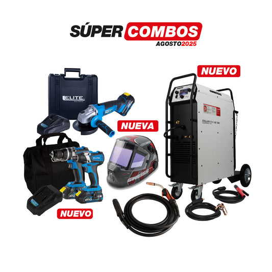 COMBO SOLDADOR INVERSOR  + ANTORCHA MIG + CARETA ELECTRONICA SOLDADURA + PULIDORA INALAMBRICA  + KIT TALADRO PERCUTOR INALAMBRICO
