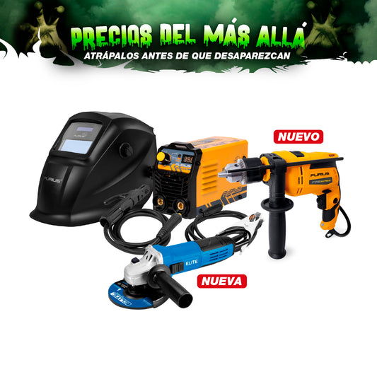 COMBO SOLDADOR INVERSOR + CARETA FOTOSENSIBLE + ESMERILADORA ANGULAR 4 1/2 + TALADRO PERCUTOR 1/2INCH