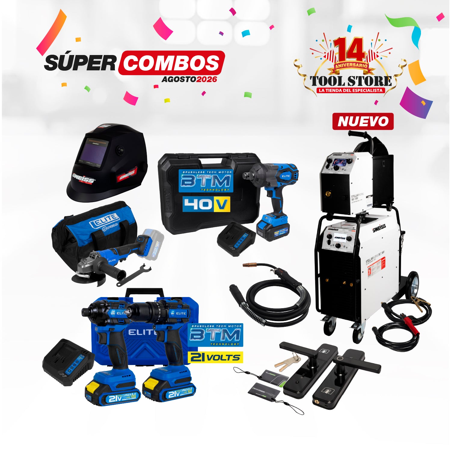 COMBO SOLDADOR INVERSOR STELLARWORKS 5070 MULTIPROCESO + ANTORCHA MIG + CARETA ELECTRONICA PARA SOLDAR SKYVIEW 770 SWEISS + ESMERILADORA INALAMBRICA SIN ESCOBILLAS 4 ½' – 5' + LLAVE DE IMPACTO INALAMBRICA SIN ESCOBILLAS 3/4PUL + Kit Taladro Percutor 1/...