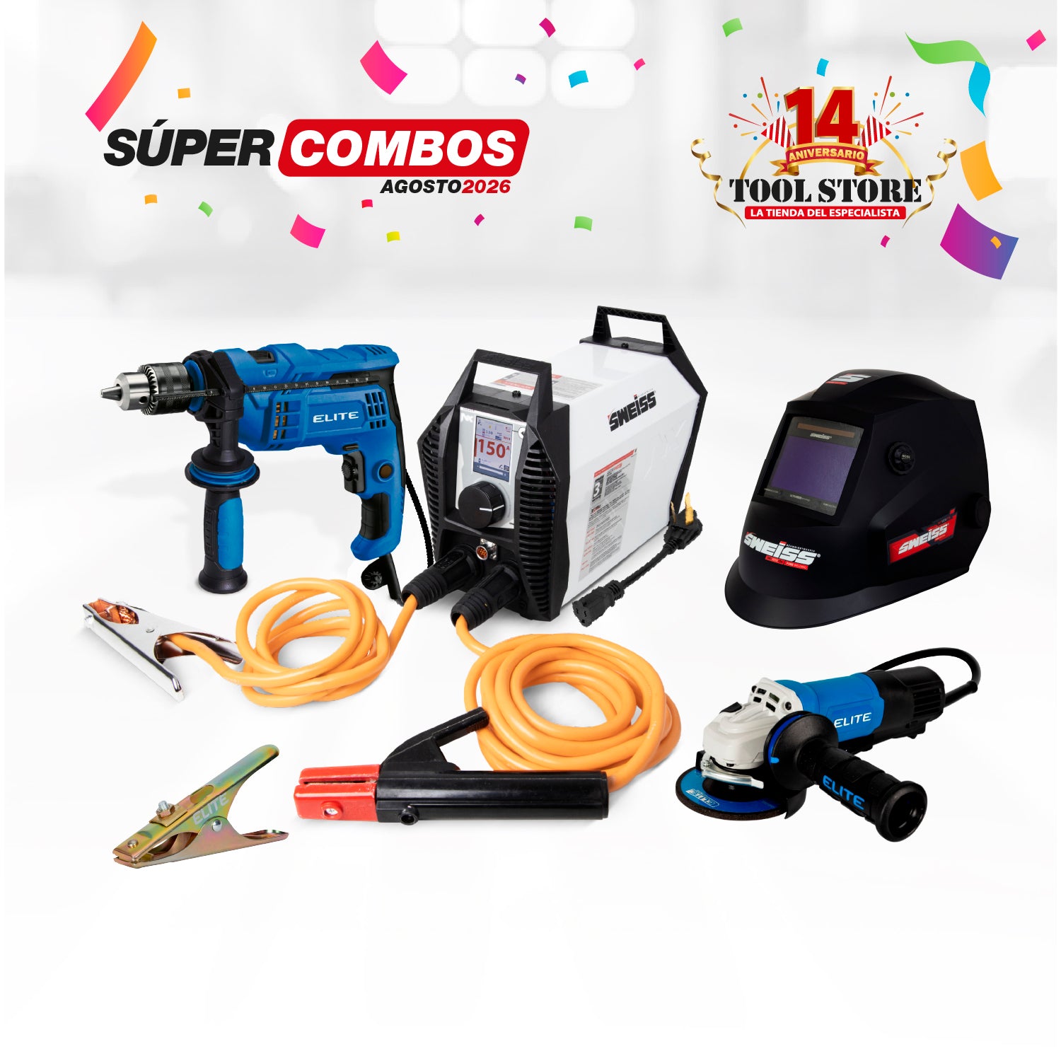 COMBO SOLDADOR INVERSOR SWEISS SKYMAX 1550 -150 AMP 110/220V + CARETA ELECTRONICA PARA SOLDAR SKYVIEW 770 SWEISS + ESMERILADORA ANGULAR 4-1/2PUL 1400W 11,000RPM 110V + TALADRO PERCUTOR 1/2PUL + PINZA DE MASA ELITE 300A