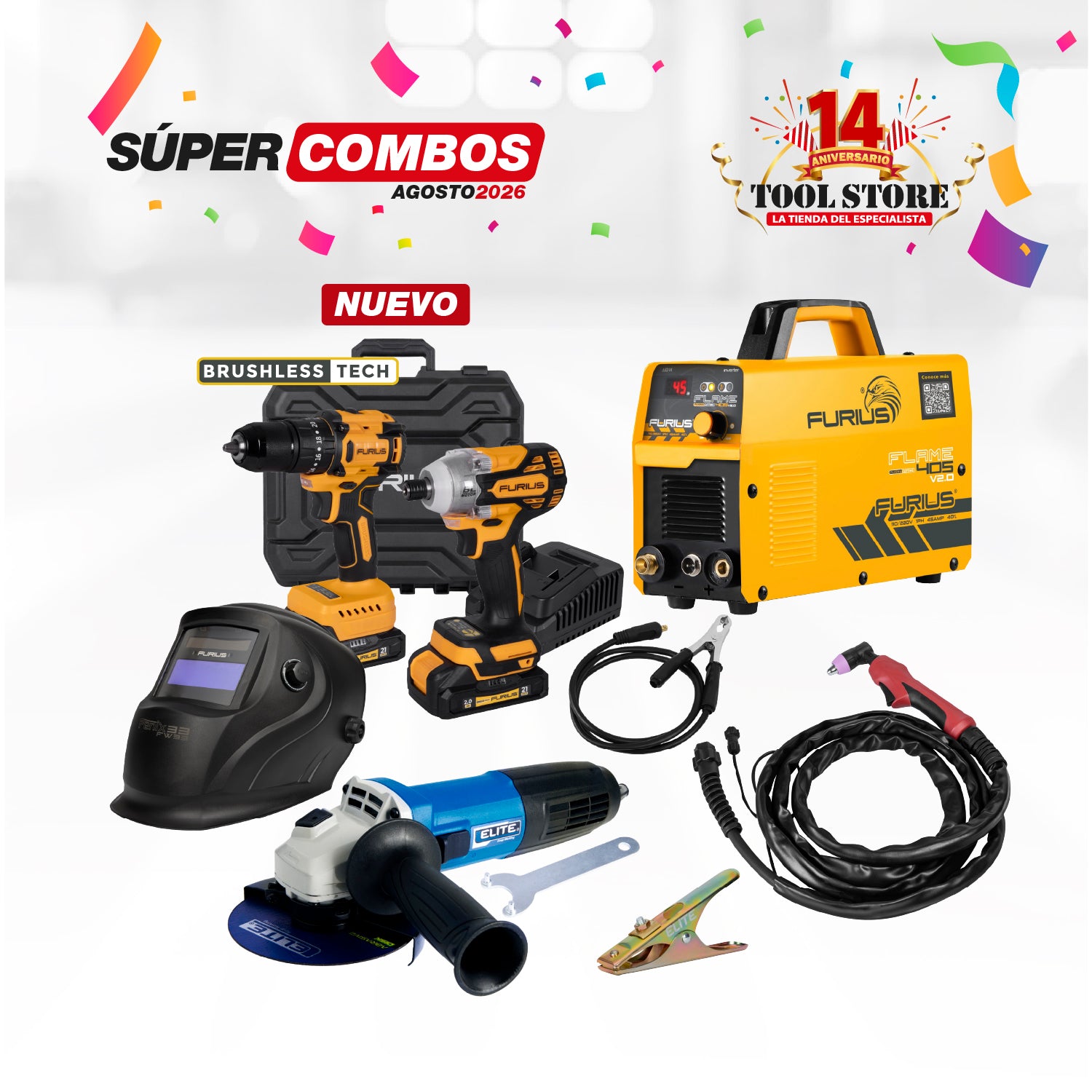 COMBO CORTADOR DE PLASMA INVERSOR FURIUS FLAME 405 + CARETA FOTOSENSIBLE FURIUS FENIX 330 + KIT TALADRO PERCUTOR INALAMBRICO BRUSHLESS MANDRIL + ESMERILADORA ANGULAR 4-1/2INCH 820 W 11,000RPM 110V + PINZA DE MASA ELITE 300A