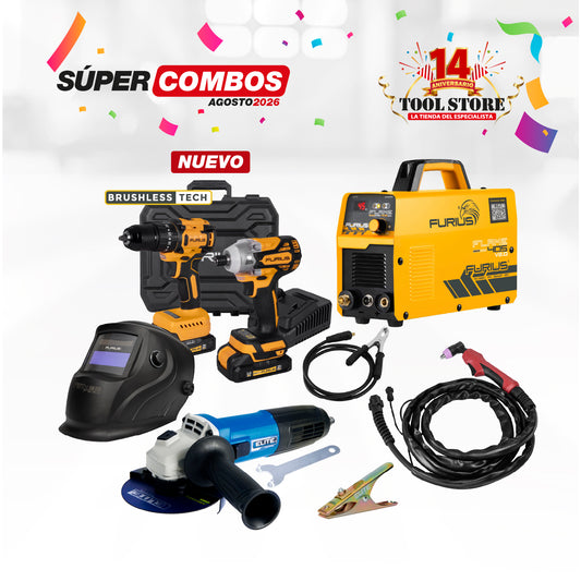 COMBO CORTADOR DE PLASMA INVERSOR FURIUS FLAME 405 + CARETA FOTOSENSIBLE FURIUS FENIX 330 + KIT TALADRO PERCUTOR INALAMBRICO BRUSHLESS MANDRIL + ESMERILADORA ANGULAR 4-1/2INCH 820 W 11,000RPM 110V + PINZA DE MASA ELITE 300A