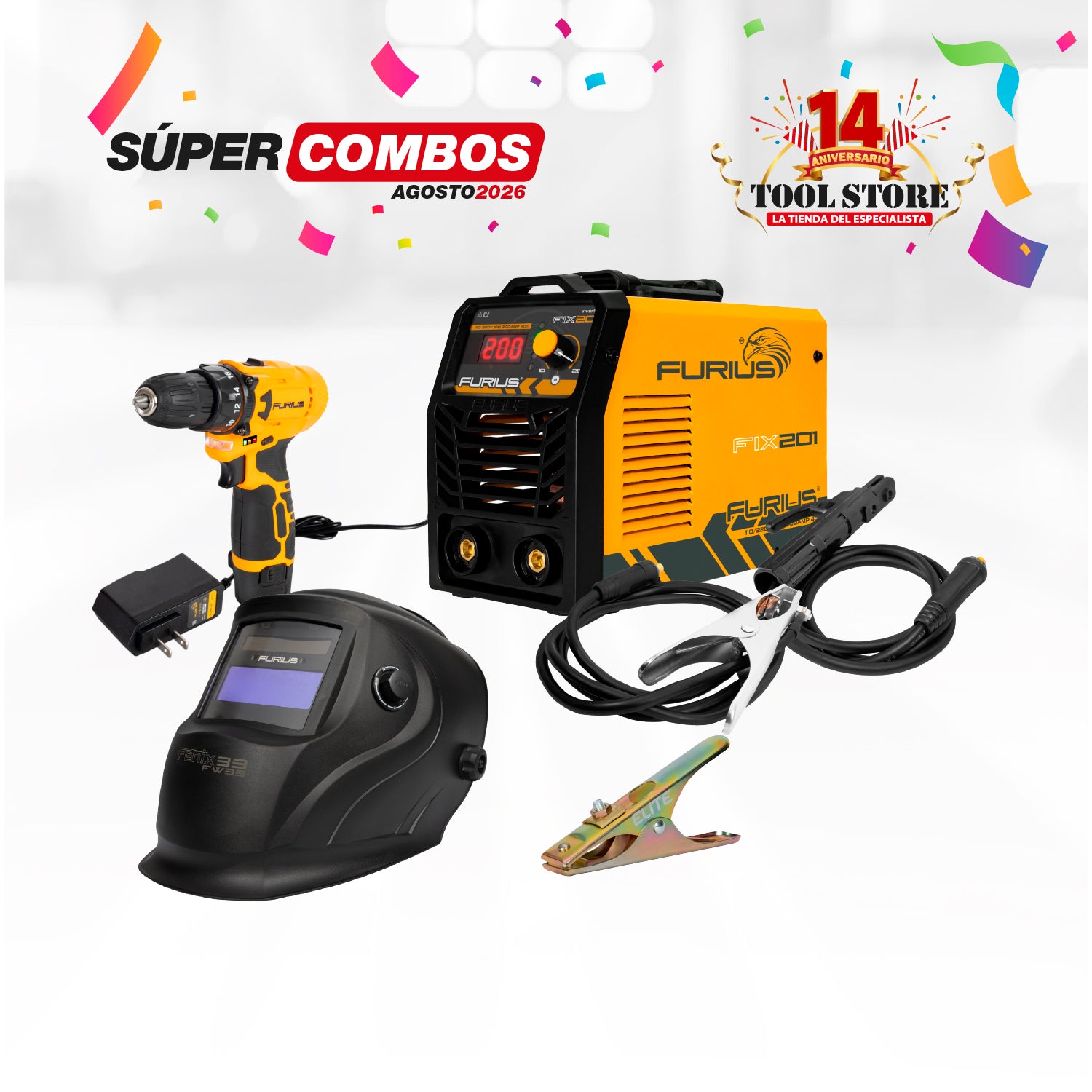 COMBO SOLDADOR INVERSOR FURIUS FIX 201 + CARETA FOTOSENSIBLE FURIUS FENIX 330 + PINZA DE MASA ELITE 300A + TALADRO INALAMBRICO 3/8PUL FURIUS 12V