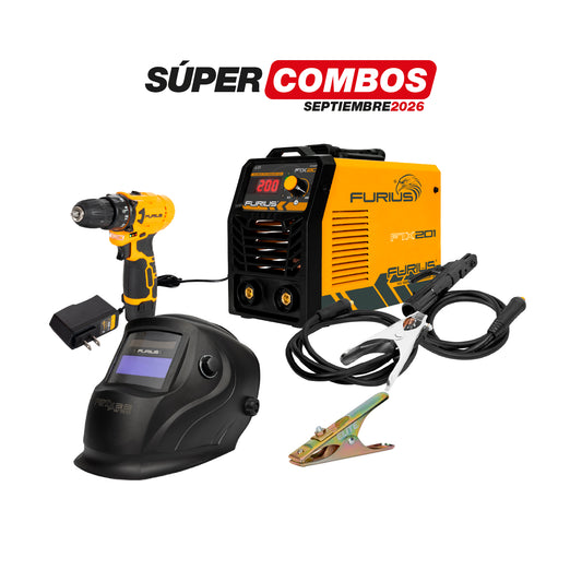COMBO SOLDADOR INVERSOR FURIUS FIX 201 + CARETA FOTOSENSIBLE FURIUS FENIX 330 + PINZA DE MASA ELITE 300A + TALADRO INALAMBRICO 3/8PUL FURIUS 12V