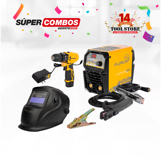 COMBO SOLDADOR INVERSOR FURIUS FORCE 182 CELLULOSIC MINI + CARETA FOTOSENSIBLE FURIUS FENIX 330 + TALADRO INALAMBRICO 3/8PUL FURIUS 12V + PINZA DE MASA ELITE 300A