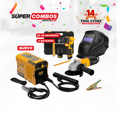 COMBO SOLDADOR INVERSOR FURIUS FIERCE 131M 130A- 110V + CARETA FOTOSENSIBLE FURIUS FENIX 330 + TALADRO ATORNILLADOR INALAMBRICO 12V ION DE LITHIO + PINZA DE MASA ELITE 300A + ESMERILADORA ANGULAR 4 1/2 PULG 800W 12000 RPM 110V