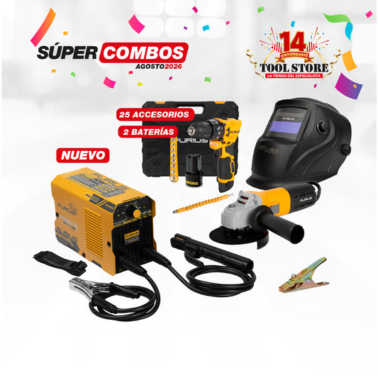 COMBO SOLDADOR INVERSOR FURIUS FIERCE 131M 130A- 110V + CARETA FOTOSENSIBLE FURIUS FENIX 330 + TALADRO ATORNILLADOR INALAMBRICO 12V ION DE LITHIO + PINZA DE MASA ELITE 300A + ESMERILADORA ANGULAR 4 1/2 PULG 800W 12000 RPM 110V