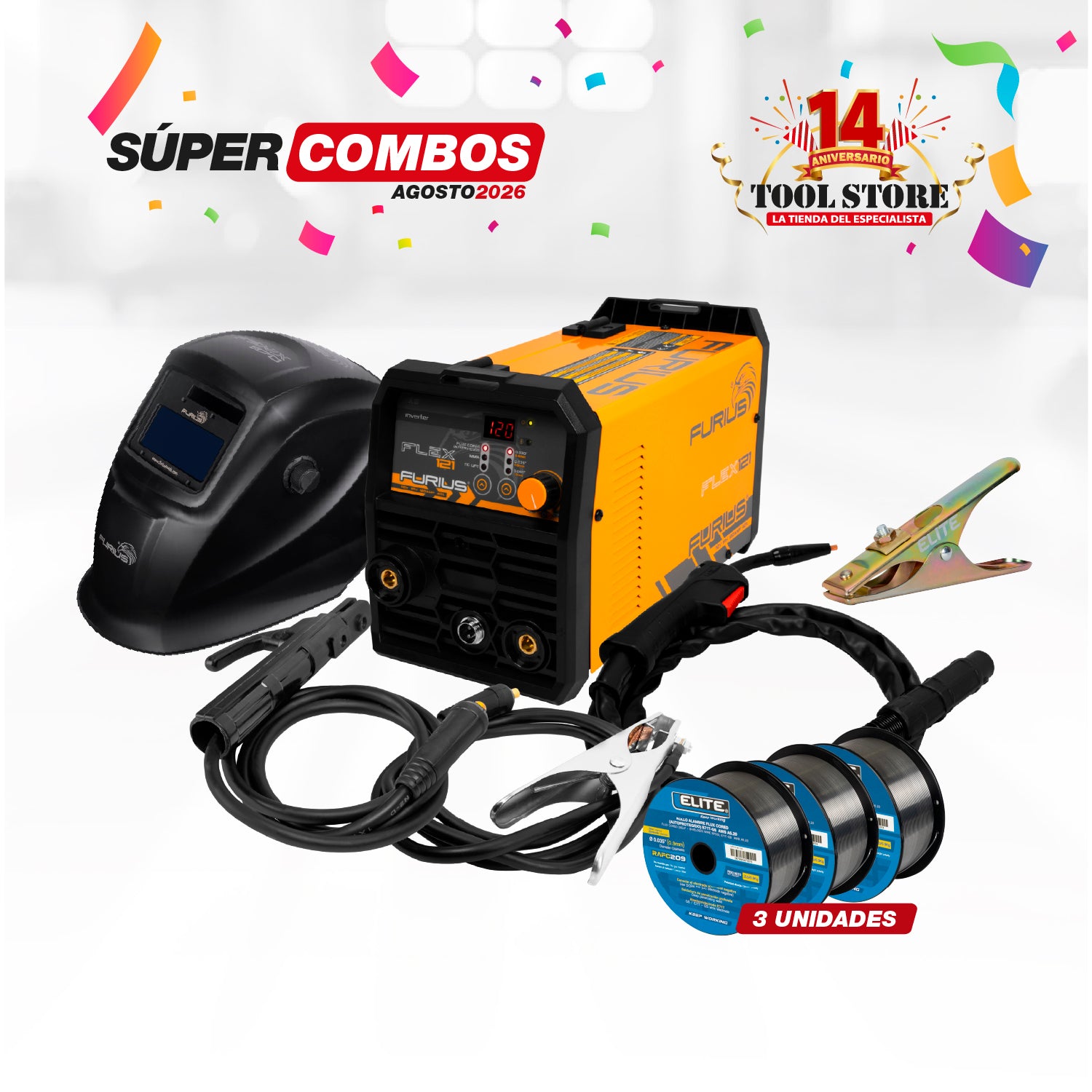 COMBO SOLDADOR INVERSOR MULTIPROPOSITO FURIUS FLEX121 1KG  + CARETA FOTOSENSIBLE FURIUS FENIX 870 4 SENSORES + ROLLO ALAMBRE FLUX CORED (AUTOPROTEGIDO) E71T-GS + PINZA DE MASA ELITE 300A