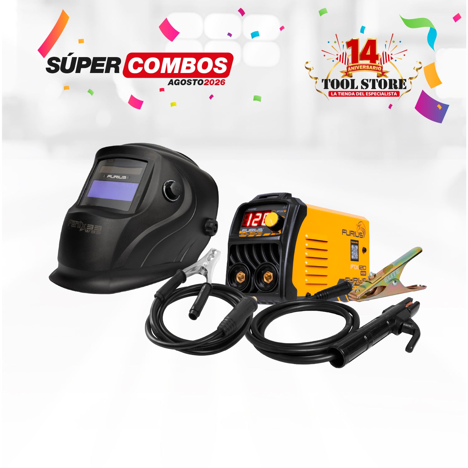 COMBO SOLDADOR INVERSOR FURIUS FIX 120 MINI 120A- 110V + CARETA FOTOSENSIBLE FURIUS FENIX 330 + PINZA DE MASA ELITE 300A