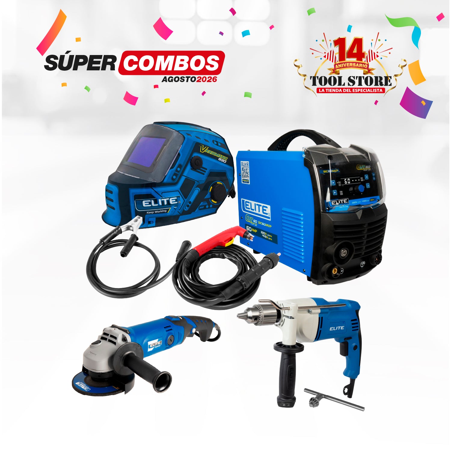 COMBO CORTADOR DE PLASMA ELITECUT 60 60A PILOT ARC MV + CARETA ELECTRONICA SOLDADURA ELITE VARIOMATIC 830 + ESMERILADORA ANGULAR 4-1/2INCH 1200W 11,000RPM 110V + TALADRO DE ROTACION 1/2PUL 900W 110V-60HZ MANDRIL HD