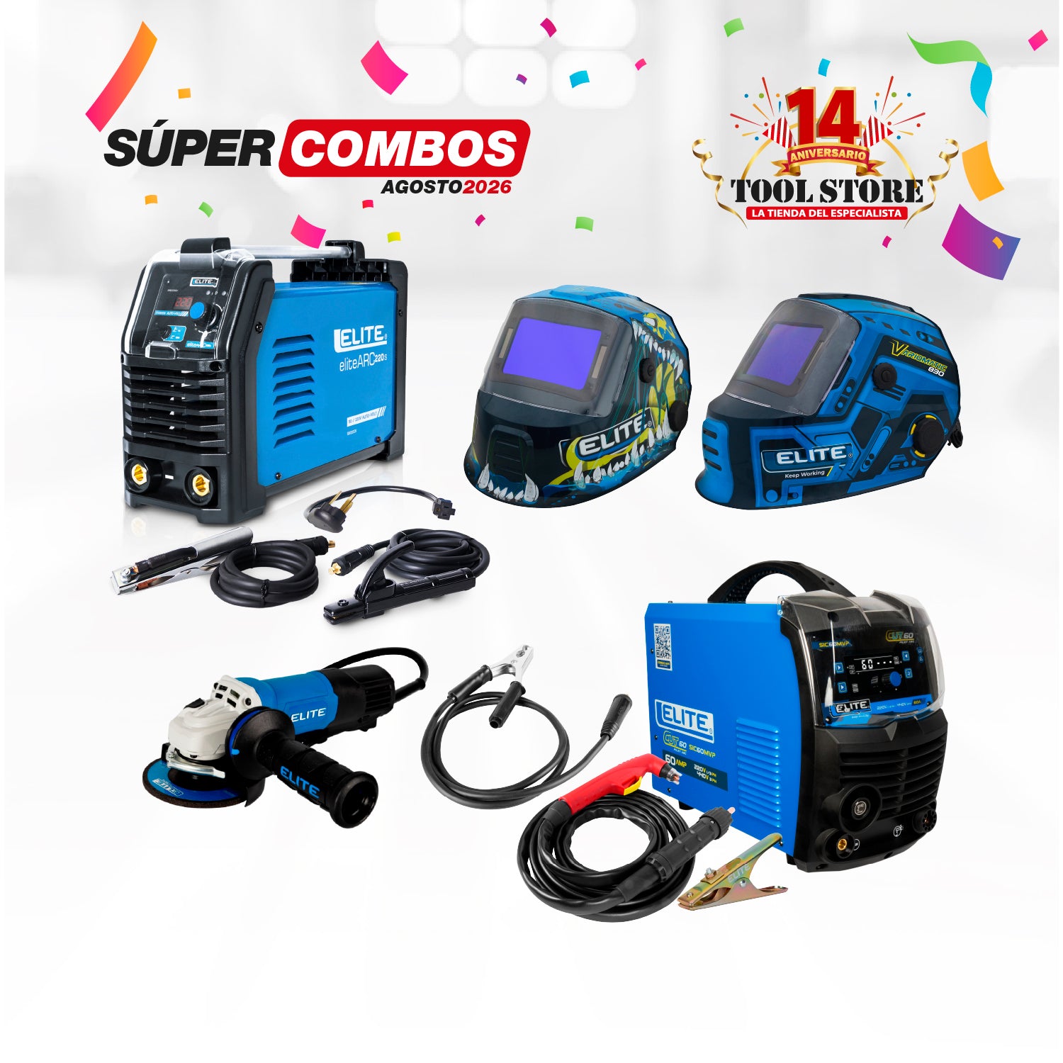 COMBO CORTADOR DE PLASMA ELITECUT 60 60A PILOT ARC MV + SOLDADOR ARC 220S 110/220V ELITE + CARETA ELECTRONICA SOLDADURA ELITE VARIOMATIC 820 + CARETA ELECTRONICA SOLDADURA ELITE VARIOMATIC 830 + ESMERILADORA ANGULAR 4-1/2PUL 1400W 11,000RPM 110V + PINZ...