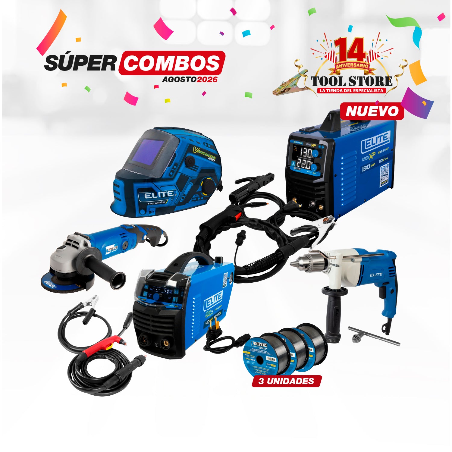 COMBO CORTADOR DE PLASMA ELITECUT 42 40A PILOT ARC 110/220V + SOLDADOR INVERSOR ELITE MPFLUX 130 1KG + CARETA ELECTRONICA SOLDADURA ELITE VARIOMATIC 830 + TALADRO DE ROTACION 1/2PUL 900W 110V-60HZ MANDRIL HD + ESMERILADORA ANGULAR 4-1/2INCH 1200W 11,00...