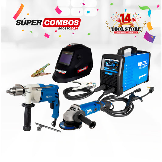 COMBO SOLDADOR INVERSOR eliteARC 250 AUTOVOLT + CARETA ELECTRONICA PARA SOLDAR SKYVIEW 770 SWEISS + ESMERILADORA ANGULAR 4-1/2INCH 1200W 11,000RPM 110V + TALADRO DE ROTACION 1/2PUL 900W 110V-60HZ MANDRIL HD + PINZA DE MASA ELITE 300A