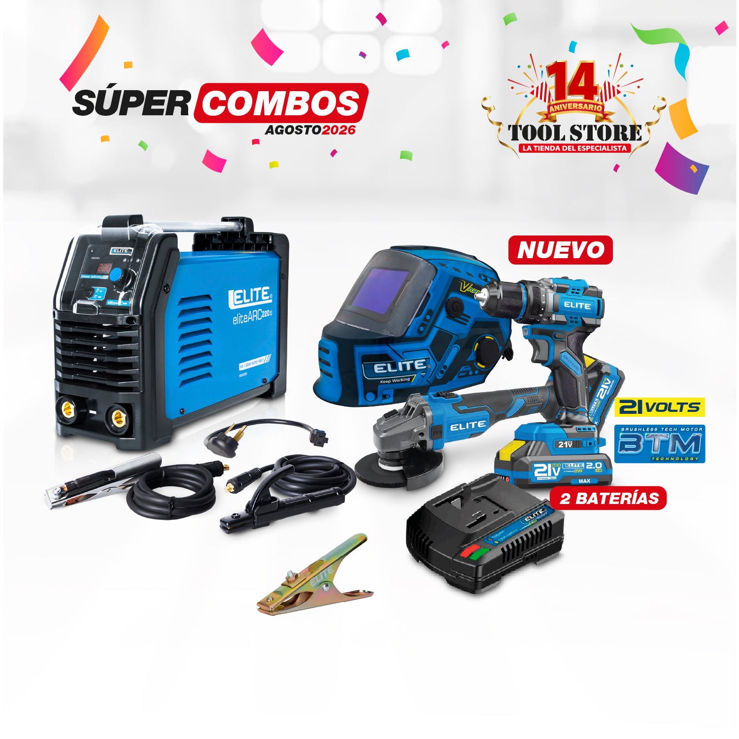 COMBO SOLDADOR ARC 220S 110/220V ELITE + CARETA ELECTRONICA SOLDADURA ELITE VARIOMATIC 830 + Kit Taladro Percutor 21V 60Nm + Esmeriladora 4.5 + PINZA DE MASA ELITE 300A
