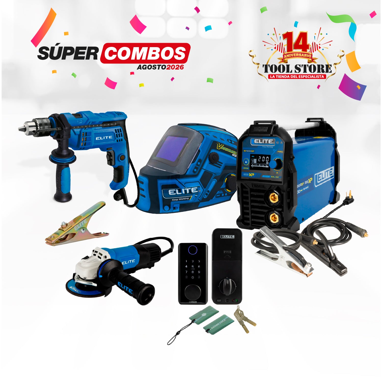 COMBO SOLDADOR INVERSOR ELITE ARC 200XP 110/220V + ESMERILADORA ANGULAR 4-1/2PUL 1400W 11,000RPM 110V + TALADRO PERCUTOR 1/2PUL + CARETA ELECTRONICA SOLDADURA ELITE VARIOMATIC 830 + CERRADURA INTELIGENTE ELITE LOCK SL5000 DE SOBREPONER + PINZA DE MASA ...