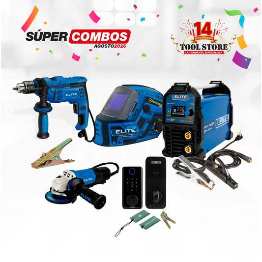 COMBO SOLDADOR INVERSOR ELITE ARC 200XP 110/220V + ESMERILADORA ANGULAR 4-1/2PUL 1400W 11,000RPM 110V + TALADRO PERCUTOR 1/2PUL + CARETA ELECTRONICA SOLDADURA ELITE VARIOMATIC 830 + CERRADURA INTELIGENTE ELITE LOCK SL5000 DE SOBREPONER + PINZA DE MASA ...