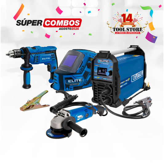 COMBO SOLDADOR INVERSOR ELITE ARC 160XP 110/220V + CARETA ELECTRONICA SOLDADURA ELITE VARIOMATIC 830 + ESMERILADORA ANGULAR 4-1/2INCH 1200W 11,000RPM 110V + TALADRO PERCUTOR 1/2PUL + PINZA DE MASA ELITE 300A