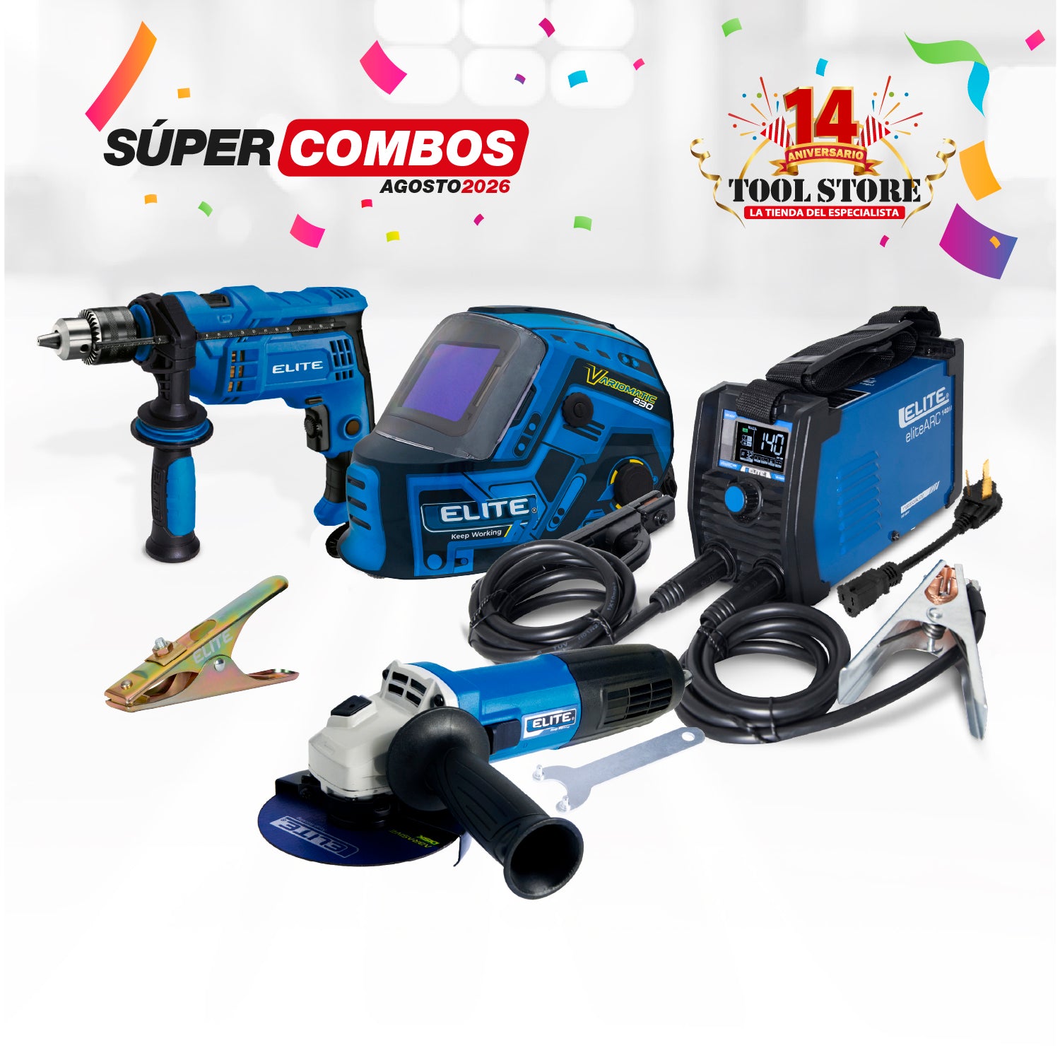 COMBO SOLDADOR INVERSOR eliteARC 140 MINI + CARETA ELECTRONICA SOLDADURA ELITE VARIOMATIC 830 + ESMERILADORA ANGULAR 4-1/2INCH 820 W 11,000RPM 110V + TALADRO PERCUTOR 1/2PUL + PINZA DE MASA ELITE 300A