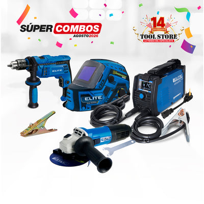 COMBO SOLDADOR INVERSOR eliteARC 140 MINI + CARETA ELECTRONICA SOLDADURA ELITE VARIOMATIC 830 + ESMERILADORA ANGULAR 4-1/2INCH 820 W 11,000RPM 110V + TALADRO PERCUTOR 1/2PUL + PINZA DE MASA ELITE 300A
