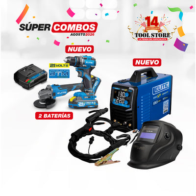 COMBO SOLDADOR INVERSOR ELITE MPFLUX 130 1KG + CARETA FOTOSENSIBLE FURIUS FENIX 330 + Kit Taladro Percutor 21V 60Nm + Esmeriladora 4.5 + PINZA DE MASA ELITE 300A