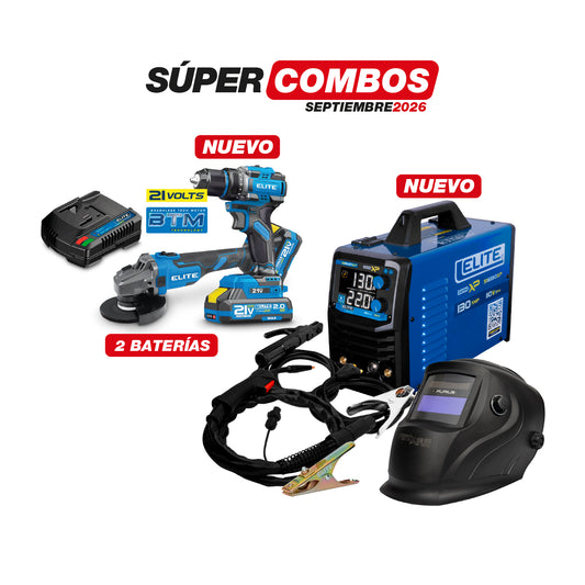 COMBO SOLDADOR INVERSOR ELITE MPFLUX 130 1KG + CARETA FOTOSENSIBLE FURIUS FENIX 330 + Kit Taladro Percutor 21V 60Nm + Esmeriladora 4.5 + PINZA DE MASA ELITE 300A