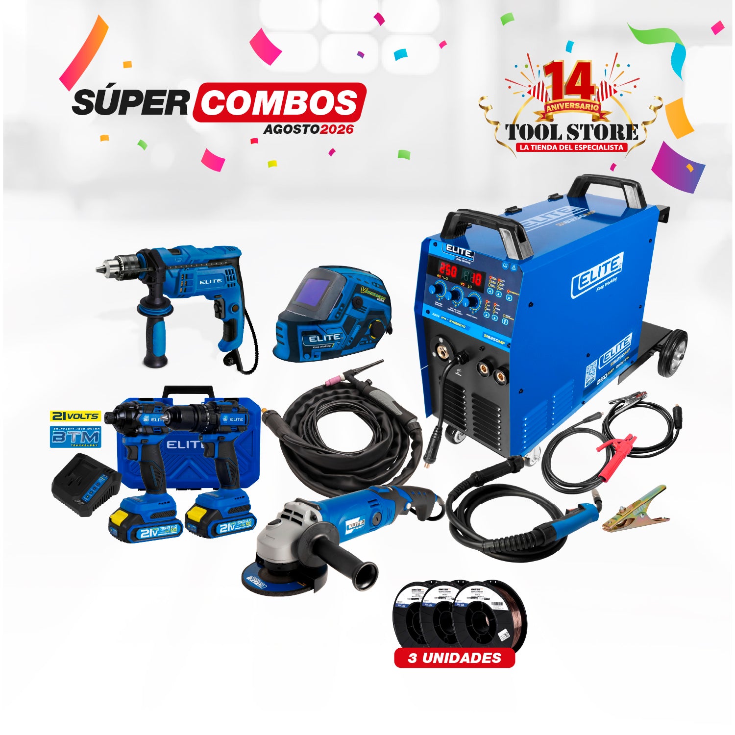 COMBO SOLDADOR INVERSOR MULTIPROCESOS MIG/MAG/FCAW/MMA/TIG + CARETA ELECTRONICA SOLDADURA ELITE VARIOMATIC 830 + ESMERILADORA ANGULAR 4-1/2INCH 1200W 11,000RPM 110V + TALADRO PERCUTOR 1/2PUL + Kit Taladro Percutor 1/2 60Nm + Atornillador Impacto + ROLL...