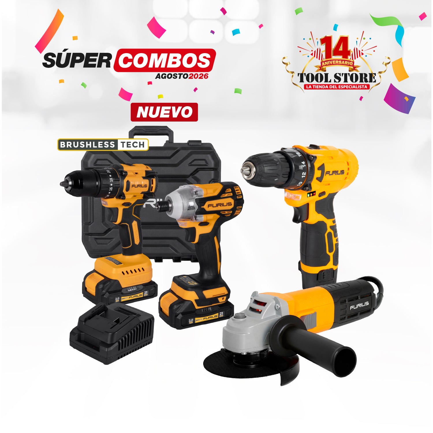 COMBO KIT TALADRO PERCUTOR INALAMBRICO BRUSHLESS MANDRIL + ESMERILADORA ANGULAR 4 1/2 PULG 800W 12000 RPM 110V + TALADRO INALAMBRICO 3/8PUL FURIUS 12V