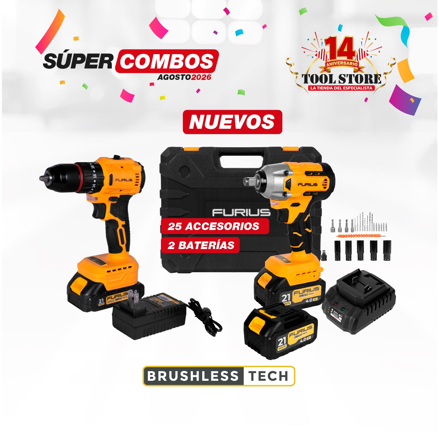 COMBO LLAVE DE IMPACTO INALAMBRICA CUADRANTE 1/2' 21V + TALADRO PERCUTOR INALAMBRICO BRUSHLESS 1/2 PUL